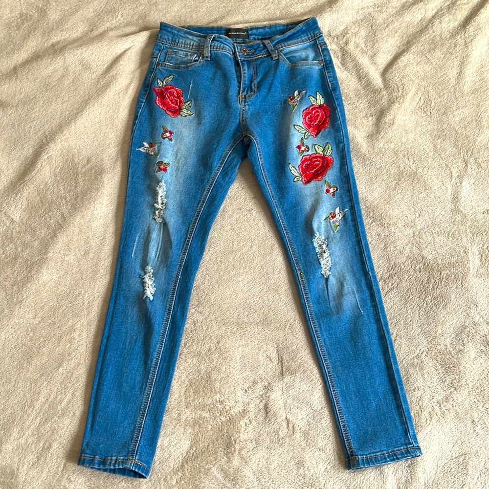 Blue Jeans with Rose Embroidery